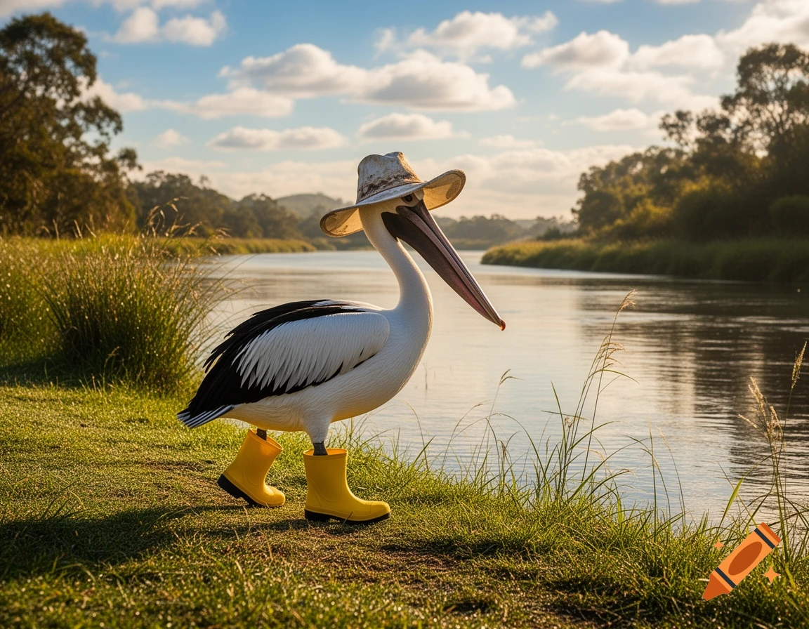 A photorealistic Australian pelican wearing a hat and yellow gumboots walks along a grassy riverbank under a partly cloudy sky.