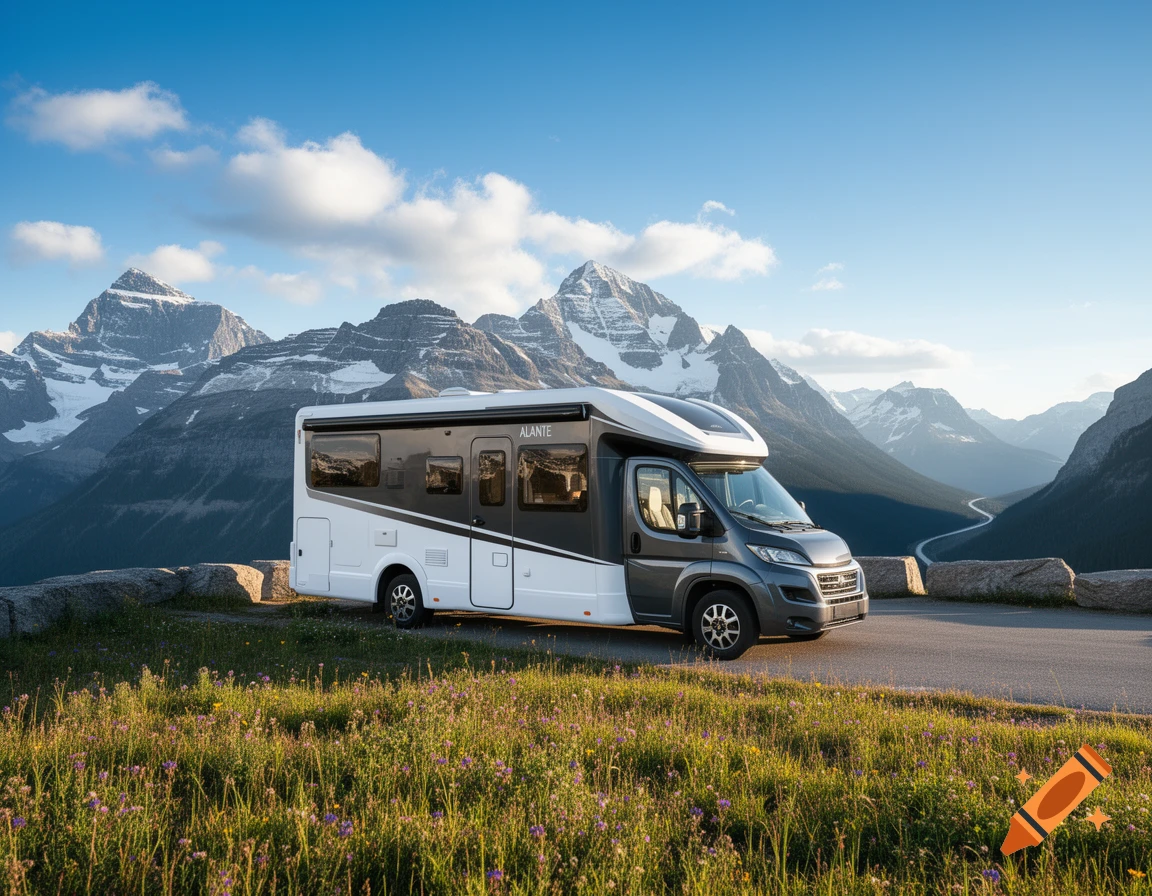 A white and gray ALANTE motorhome parked on a mountain road with snow-capped peaks and a winding road in the background under a blue sky.