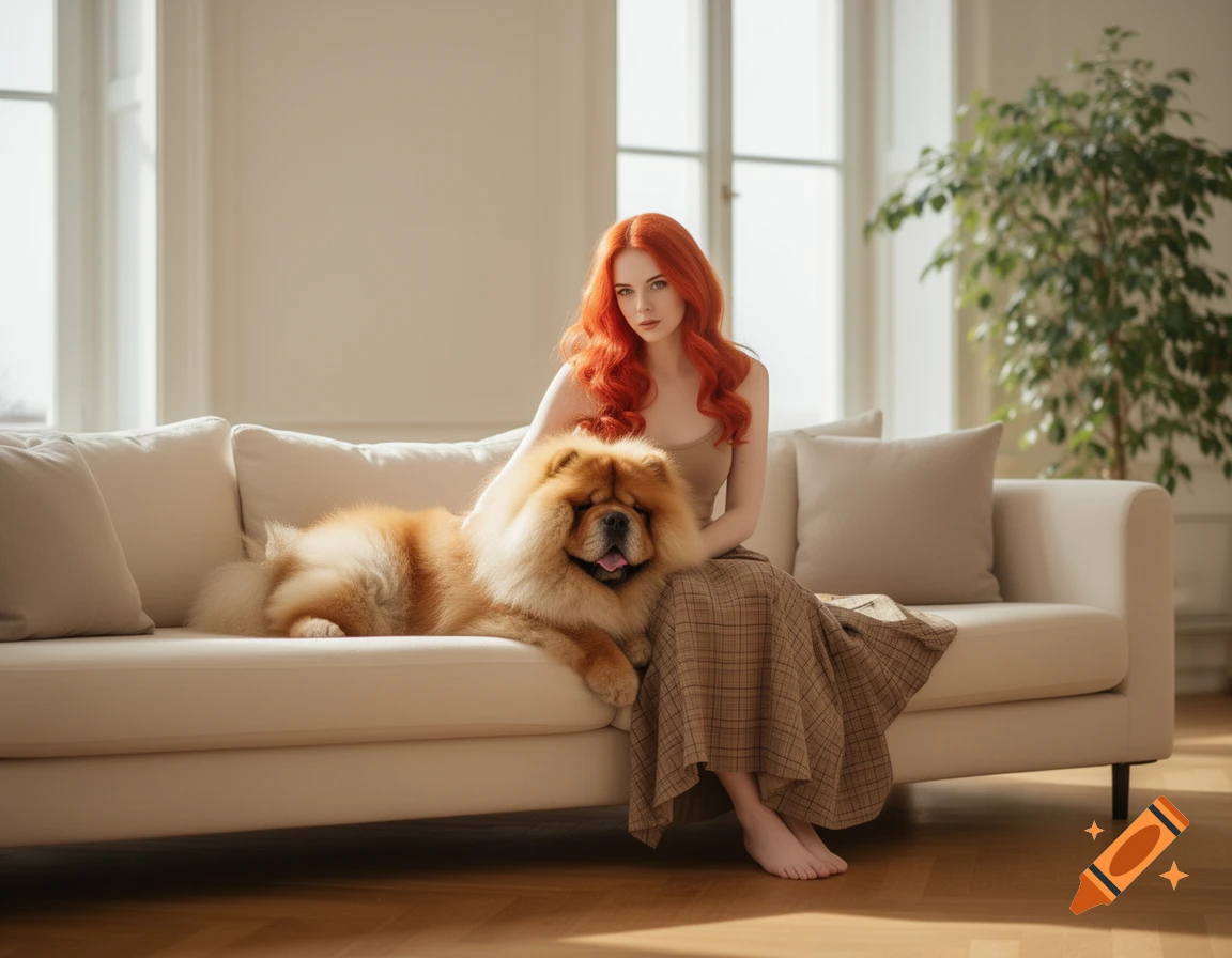 A red-haired woman with a Chow Chow dog sits on a light-colored sofa in a bright, modern living room.