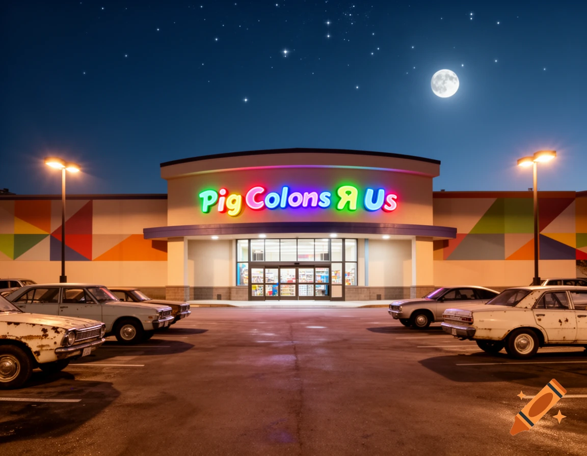 Night scene of a store resembling Toys R Us with a neon sign reading "Pig Colons R Us," classic cars in the parking lot, and a full moon in the dark sky.