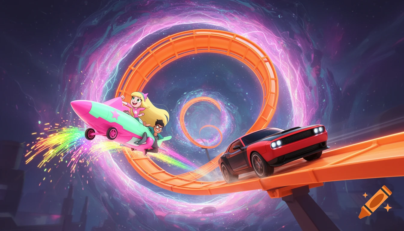 Star Butterfly and Marco Diaz race a pink rocket car and a red muscle car on an orange Hot Wheels track through a vibrant cosmic portal in a 3D animation style.