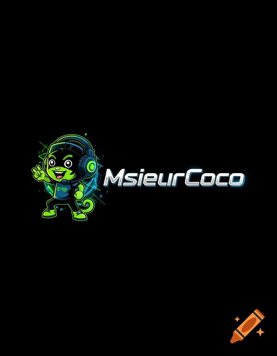 Cartoon chameleon character wearing a gamer headset and microphone, making a peace sign, next to stylized text 'MsieurCoco' on black background.