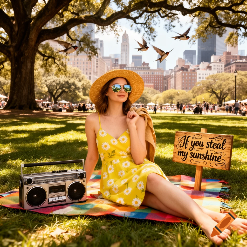 A woman in a yellow daisy dress and straw hat sits on a picnic blanket in a sunny park with a city skyline, a boombox, and a sign.