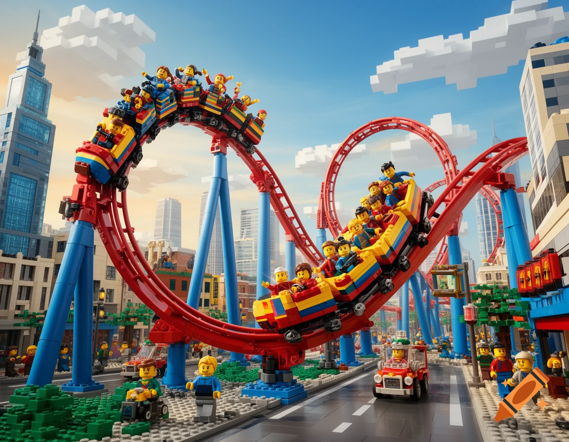 A vibrant Lego rollercoaster with minifigures looping through a Lego city, featuring tall buildings and other minifigure characters.
