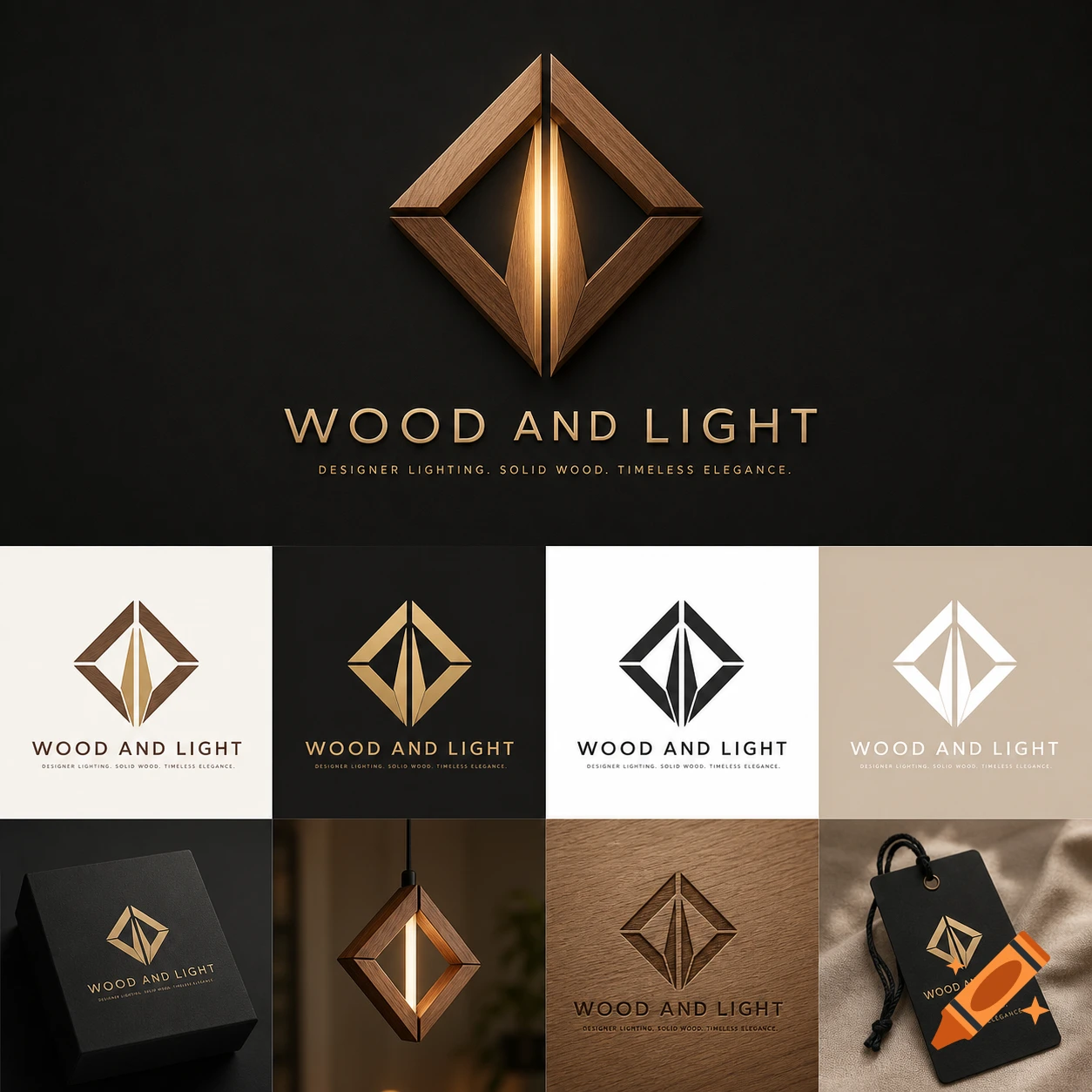 A grid of logo designs and product mockups for 'WOOD AND LIGHT', featuring a diamond symbol with a glowing center.