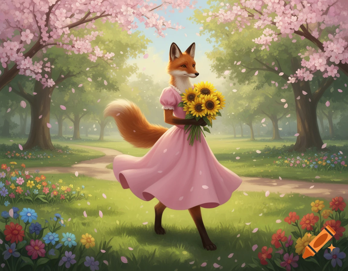 An illustrated anthropomorphic fox in a pink dress walks through a spring park with cherry blossoms, holding a bouquet of sunflowers.