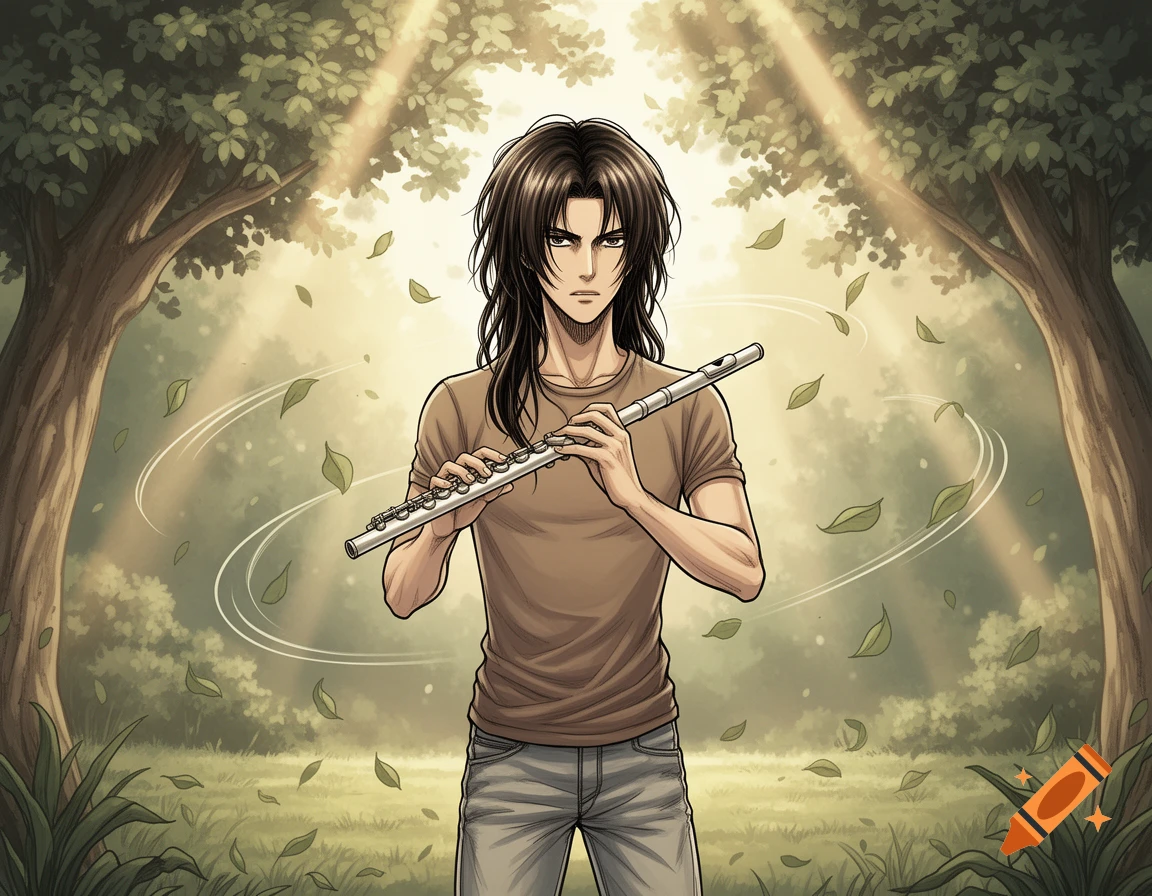 A serious anime man with long dark hair plays a silver flute in a sun-dappled forest, with leaves swirling.