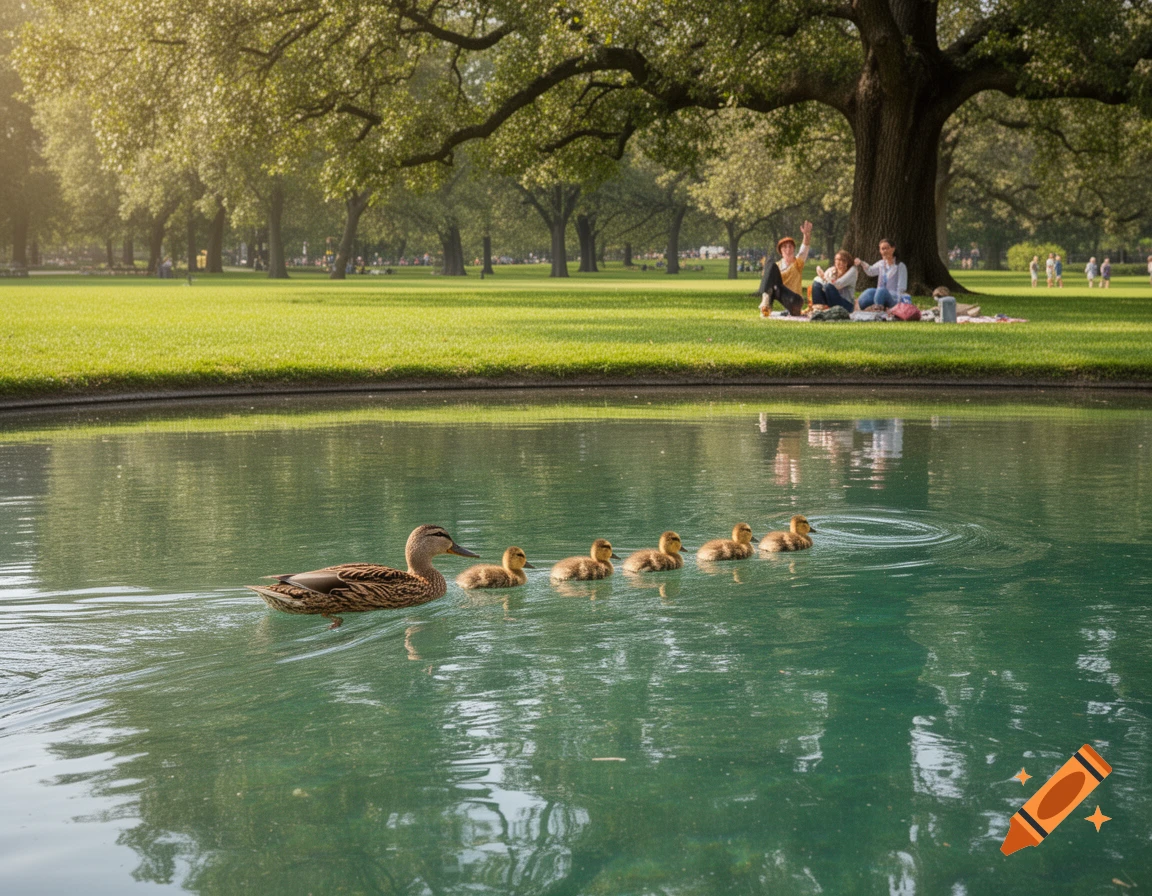 A mother duck and four ducklings swim in a green pond. People picnic under a large tree in a sunny park background. Photorealistic.