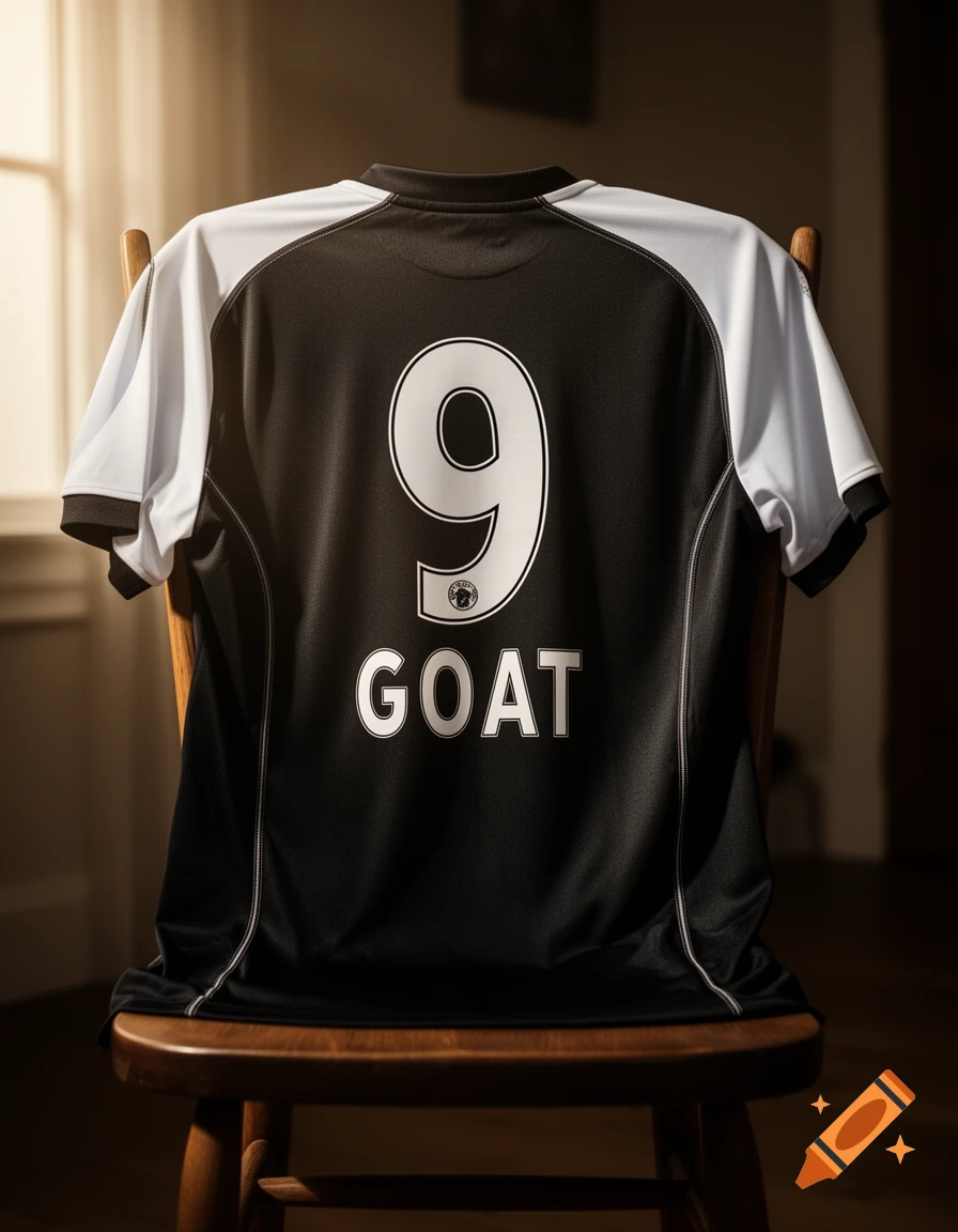 A black and white sports jersey with the number 9 and 'GOAT' written on the back, hanging on a wooden chair.