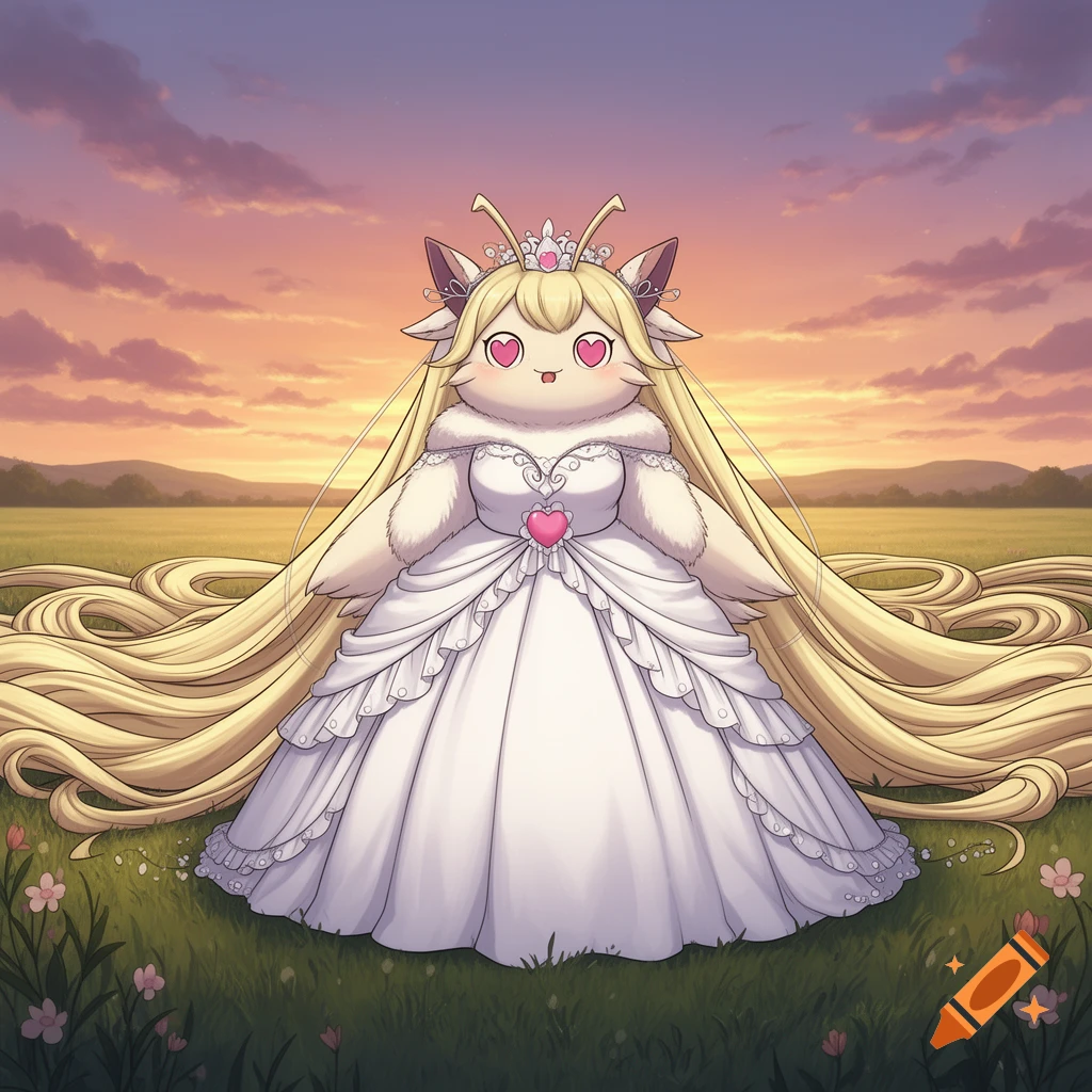 A cute anime-style creature with long blonde hair and heart-shaped eyes, wearing a white wedding dress in a grassy field at sunset.
