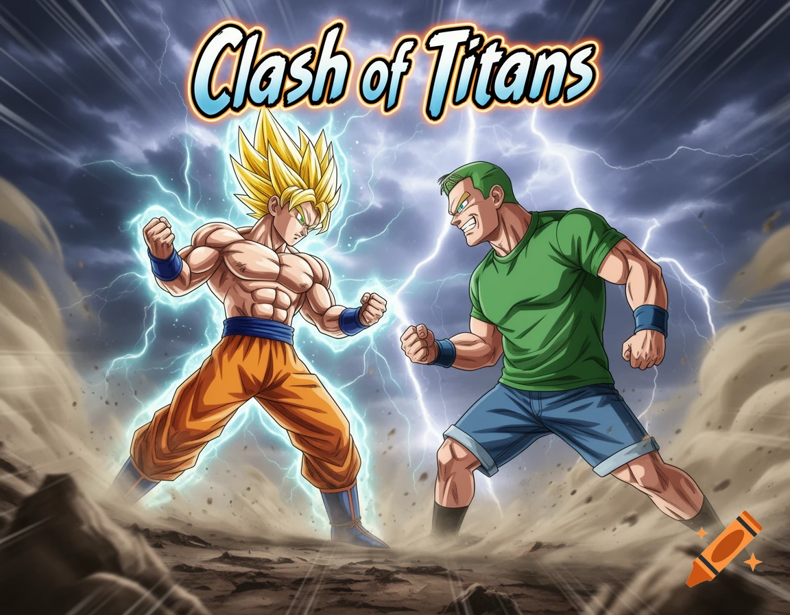 Anime-style Goku (Super Saiyan) and John Cena confront each other amidst lightning and dust, with the title 'Clash of Titans'.