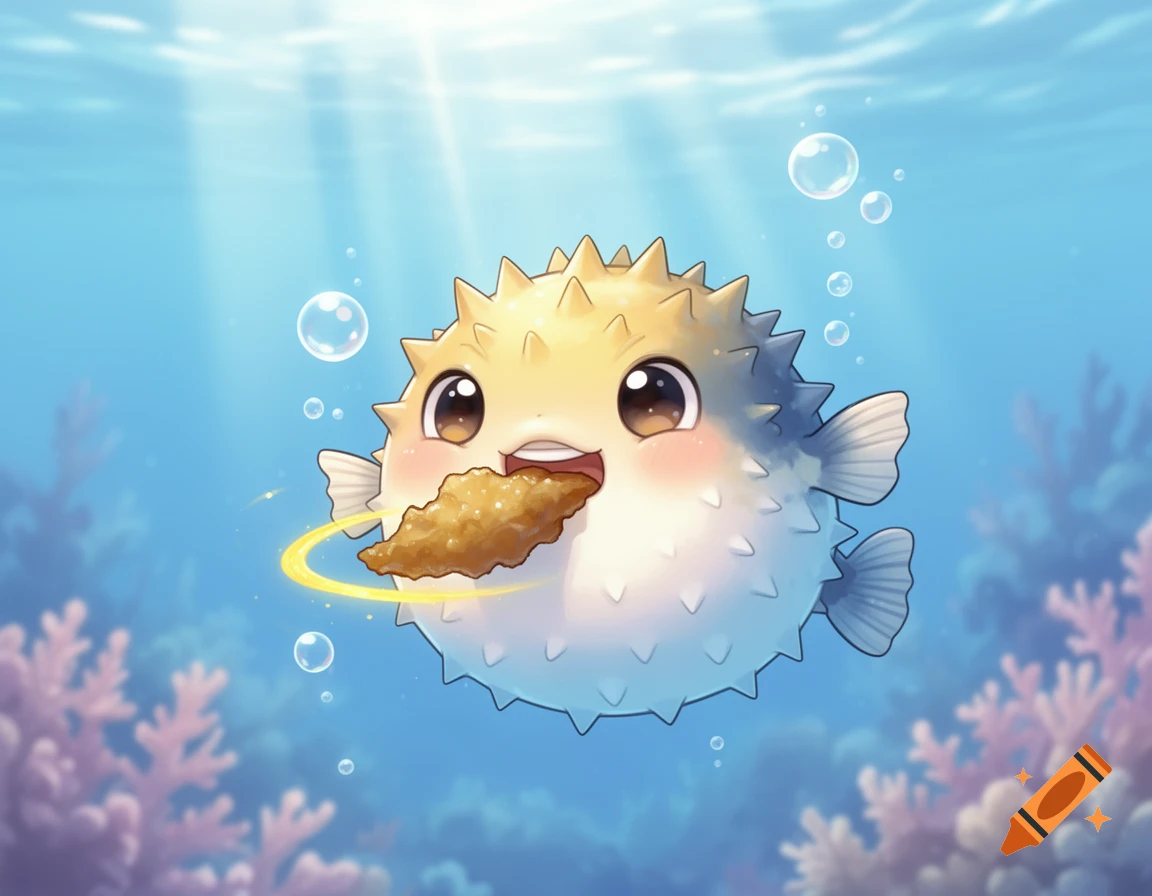 A cute anime pufferfish with rosy cheeks eats a piece of fried kelp underwater, surrounded by bubbles and coral.