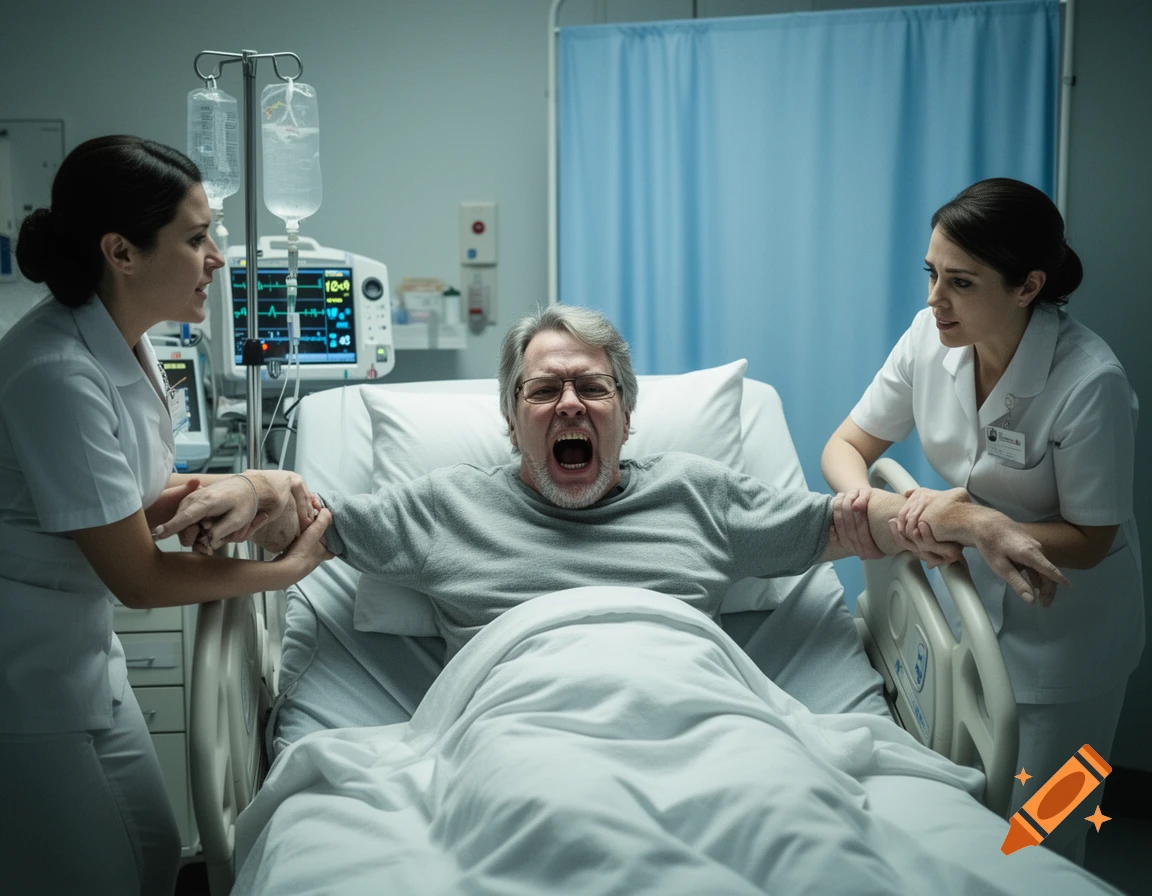 An older man with glasses screams in a hospital bed as two nurses restrain his arms, medical equipment in the background.