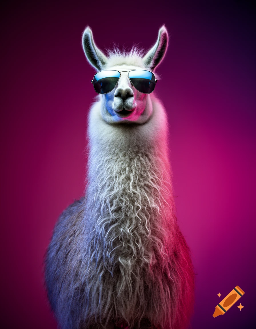 A fluffy white llama wearing aviator sunglasses poses against a vibrant neon pink and purple background.