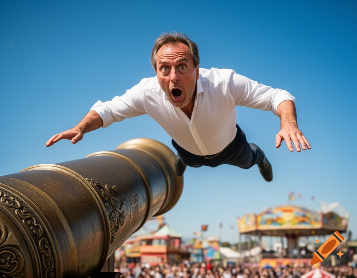 A surprised man in a white shirt is launched from a brass cannon high into a clear blue sky, above a blurred carnival.