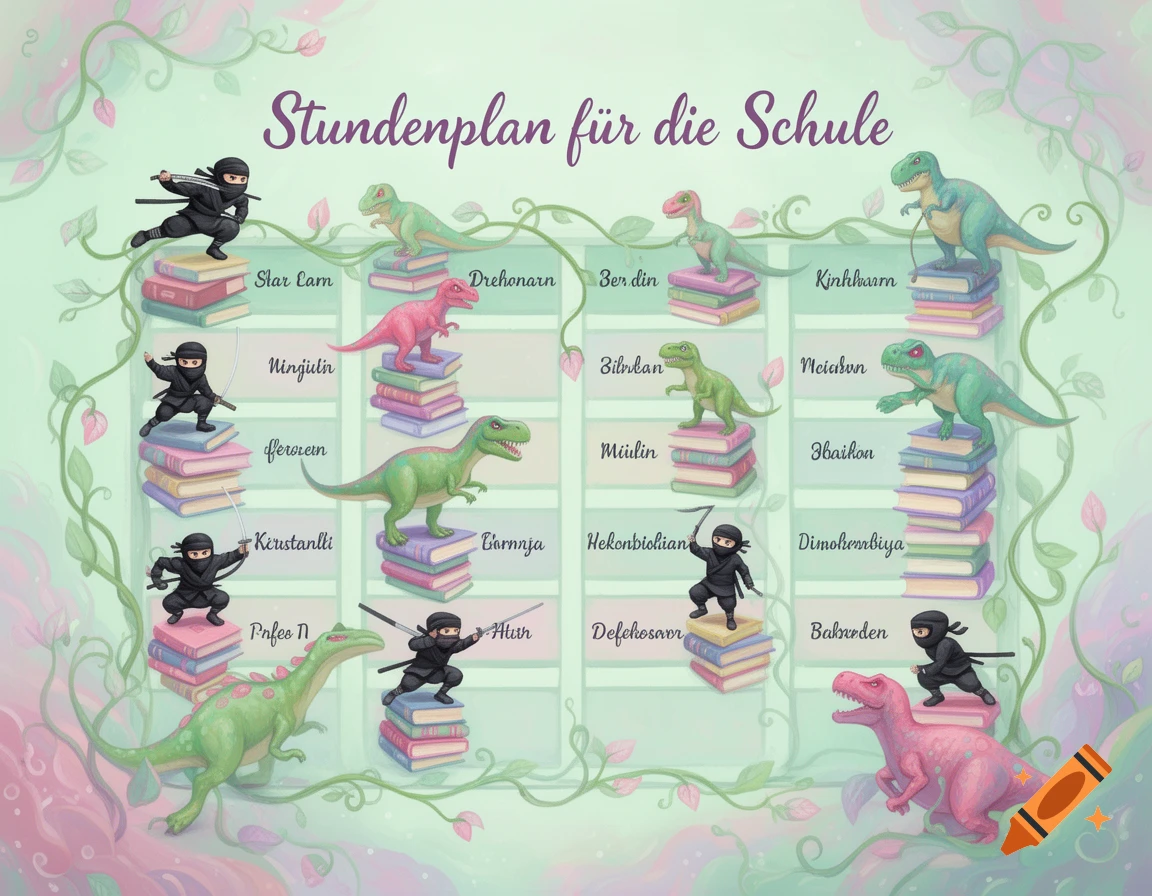 A whimsical school schedule poster featuring cartoon ninjas and dinosaurs standing on stacks of pastel-colored books, surrounded by green vines and flowers.