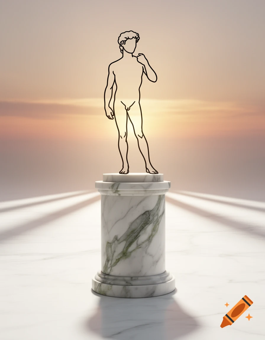 A line art stick figure of David stands on a marble pedestal against a warm sunset.