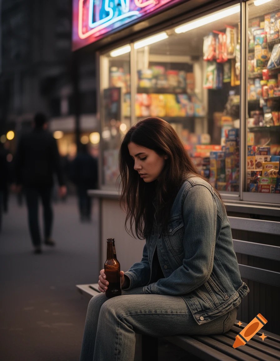 A melancholic woman with long dark hair sits on a bench, holding a beer bottle, outside a brightly lit kiosk at night.