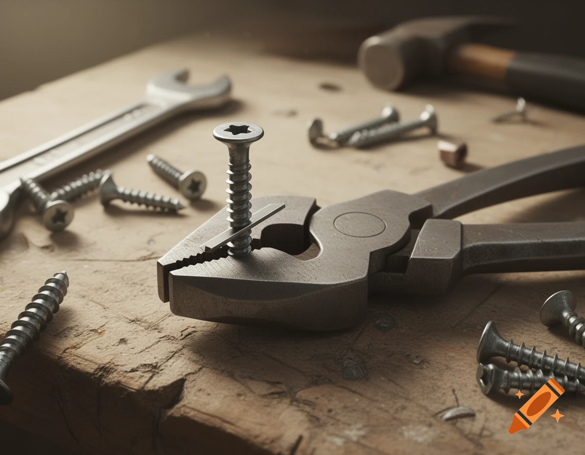 A close-up still life of various metal tools, including pliers gripping a screw, a wrench, screws, and a hammer on a wooden workbench.