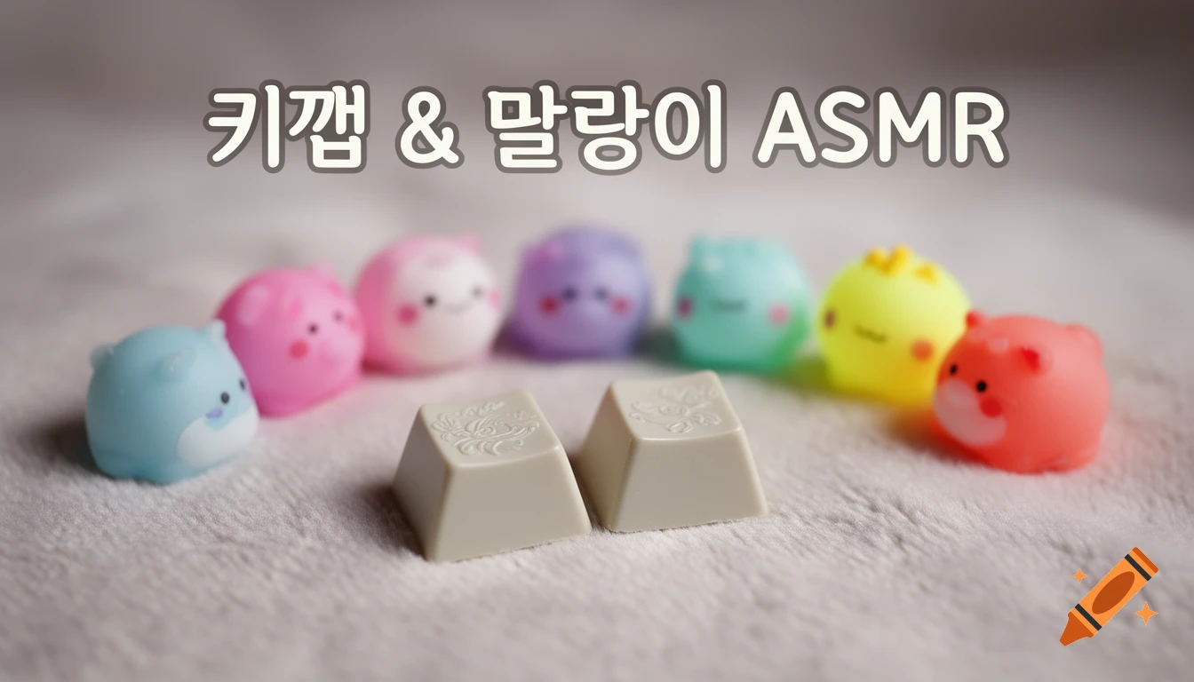Two keycaps with embossed designs and colorful squishy toys on a fuzzy surface. Text: '키캡 & 말랑이 ASMR'