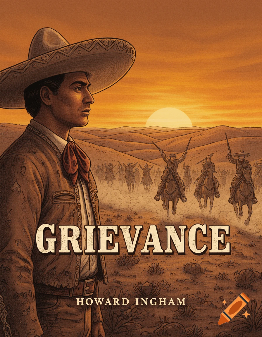 Book cover in an illustrative style features a man in a sombrero, with the title GRIEVANCE, against a desert sunset with horsemen.