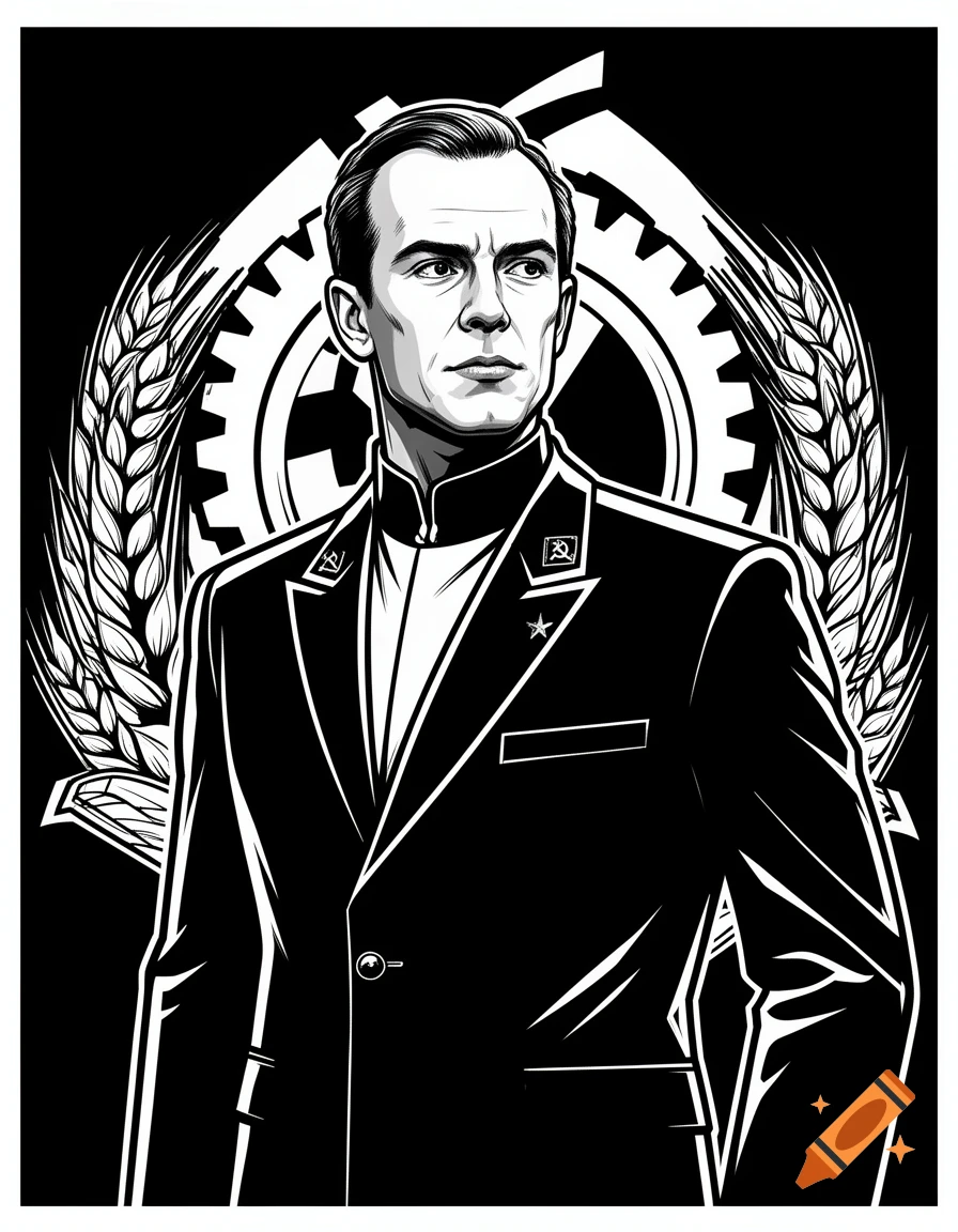 Black and white illustration of a stern man in a communist-style uniform jacket, with a gear and wheat stalks in the background.
