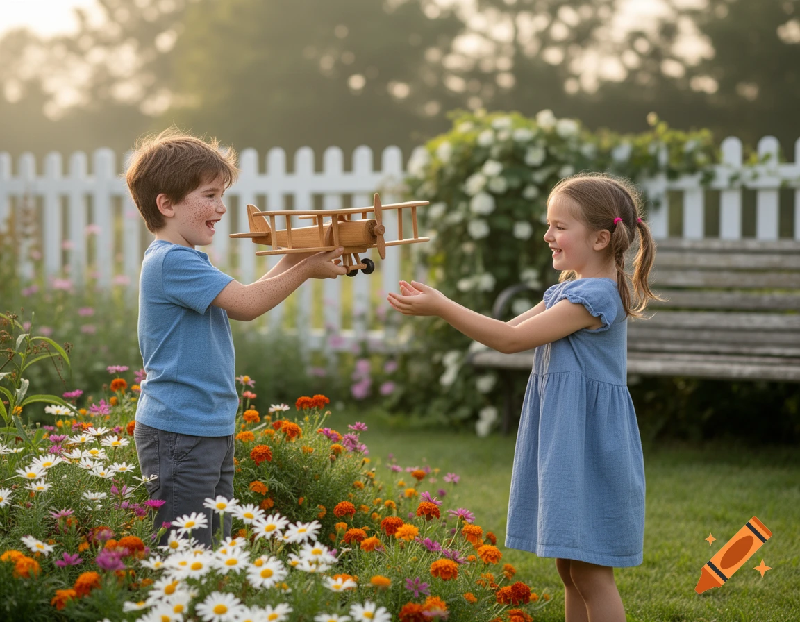 A boy holds a wooden toy airplane out to a smiling girl in a sunny garden filled with colorful flowers.