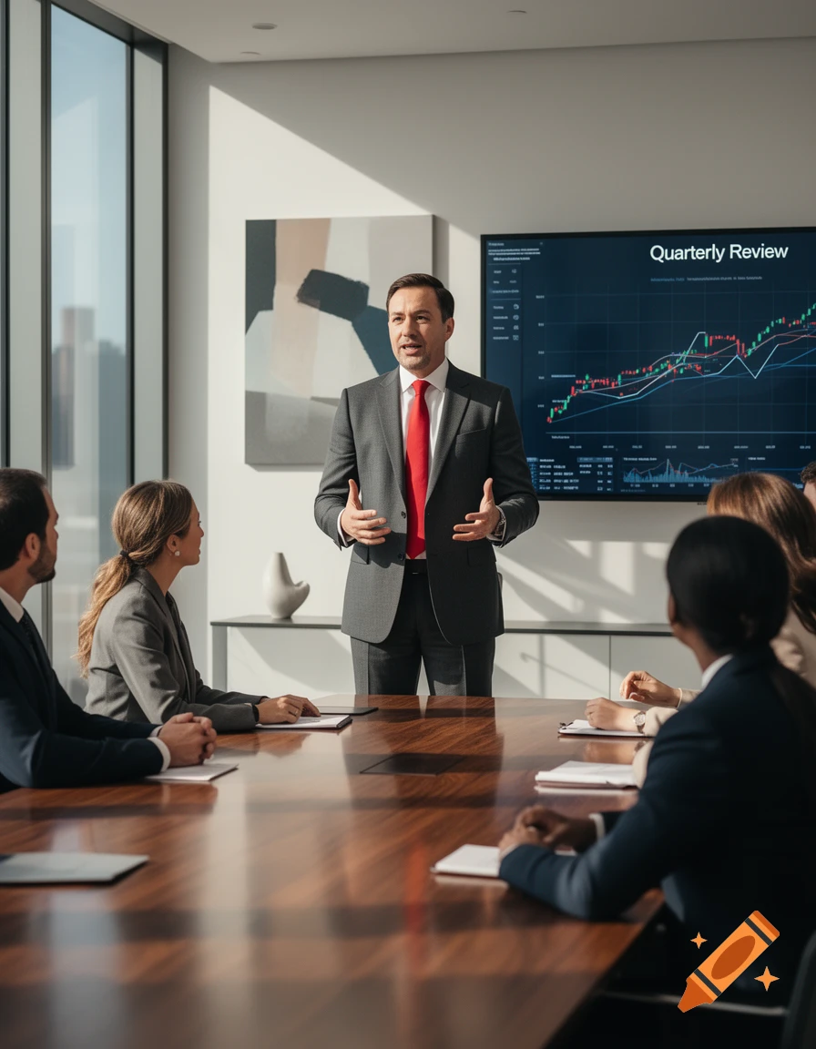 A man in a suit presents to colleagues in a modern meeting room with "Quarterly Review" displayed on a screen.