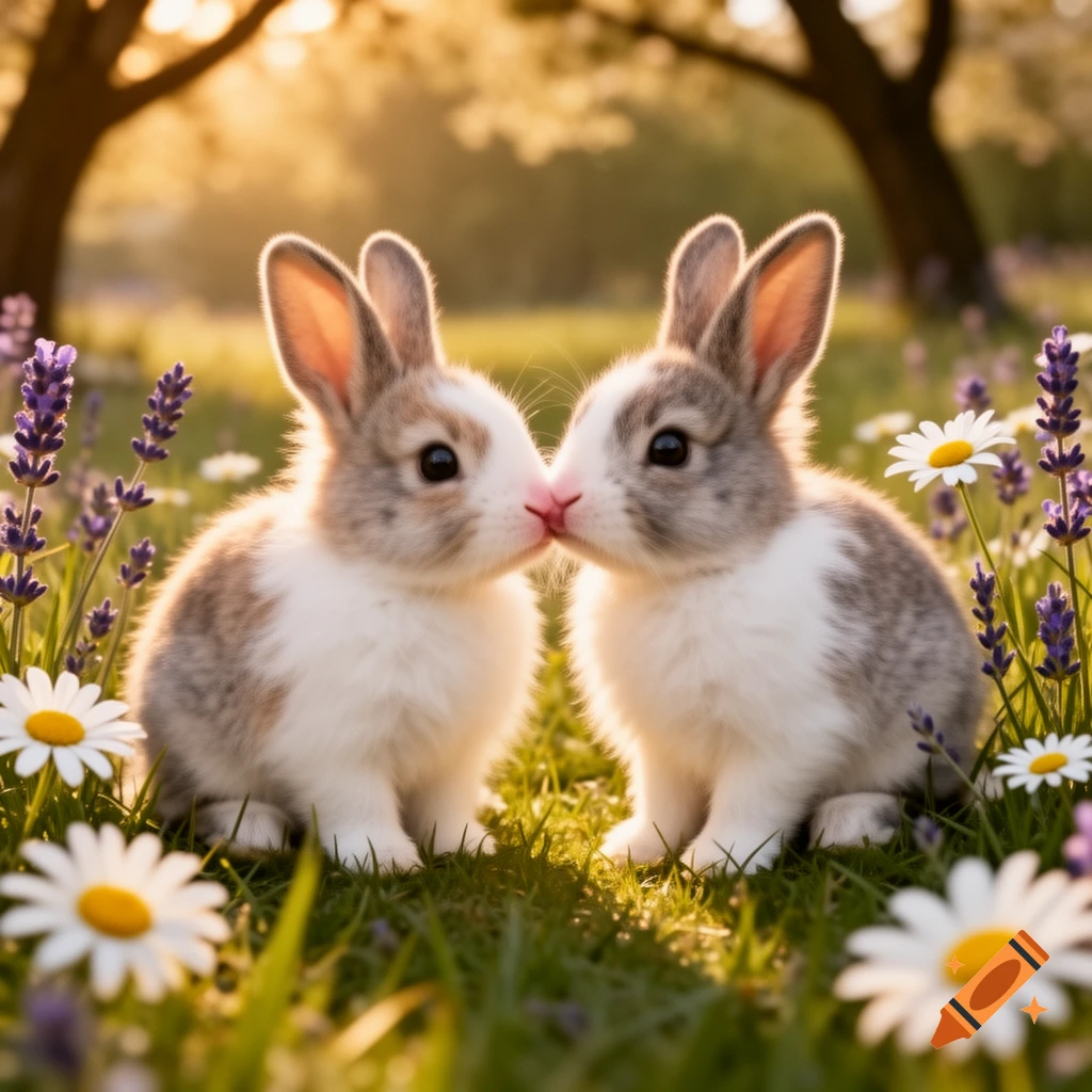 Two fluffy baby bunnies nose to nose in a sunlit field with lavender and daisies, photorealistic.