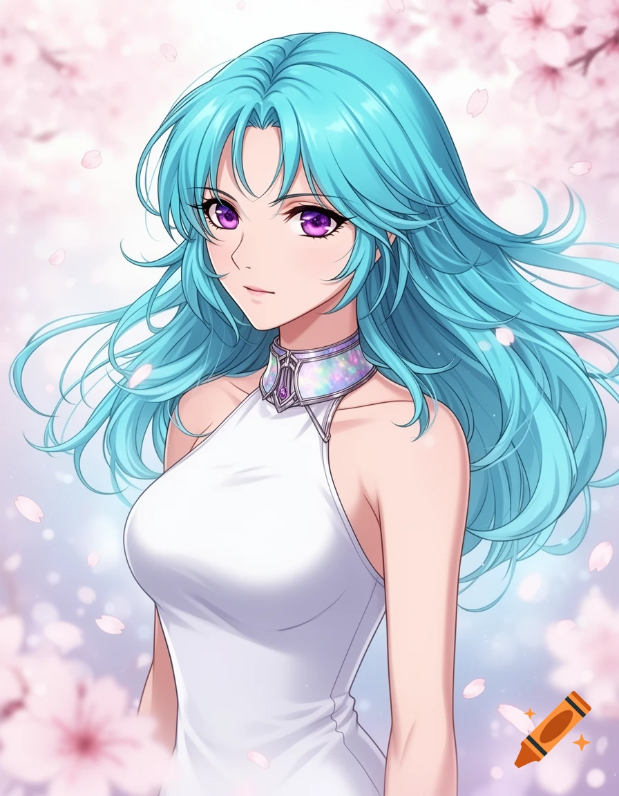 Anime woman with long blue hair and purple eyes, wearing a white halter dress and iridescent collar, surrounded by pink cherry blossoms.