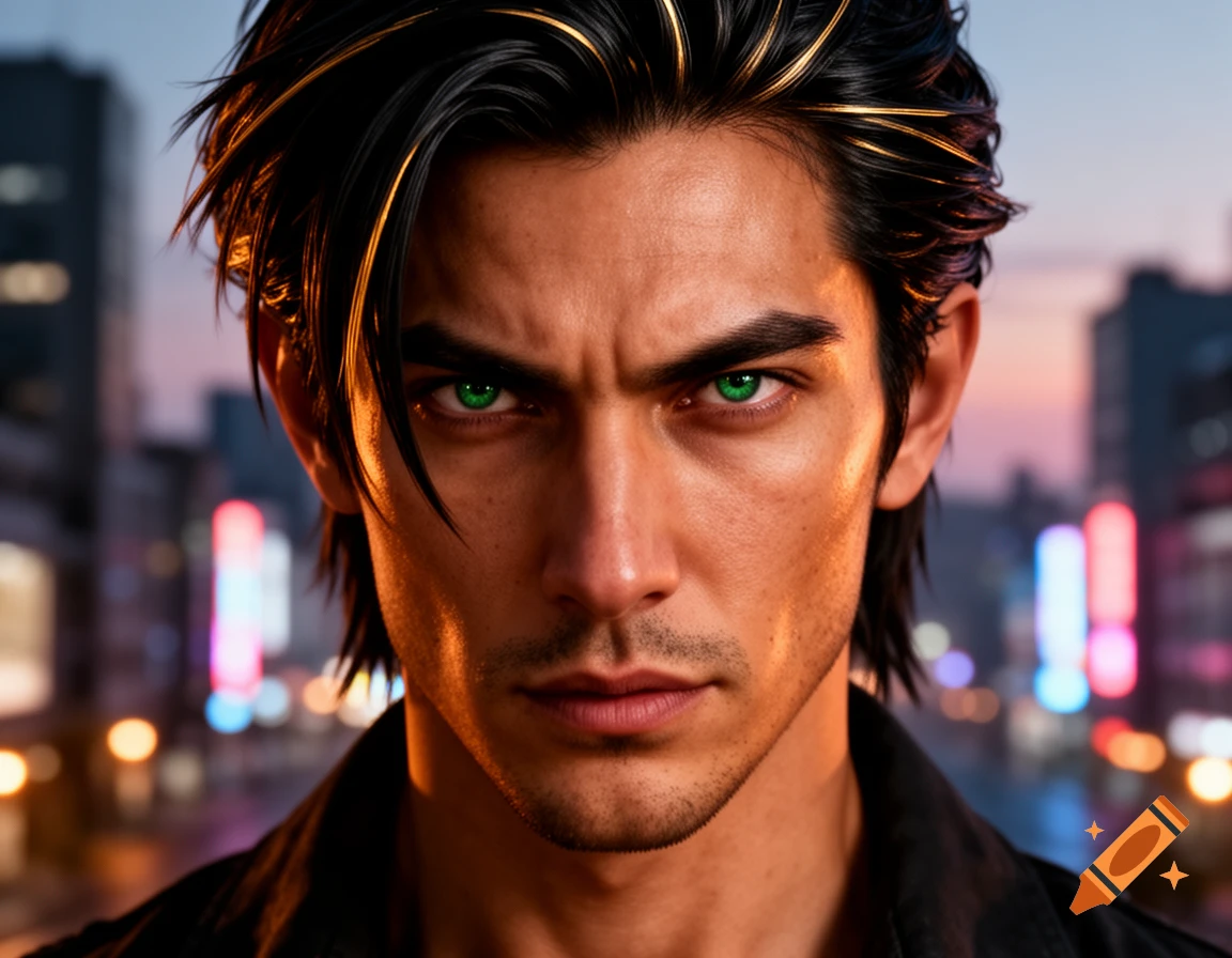 Close-up photorealistic portrait of a man with dark hair, golden streaks, and intense green eyes against a blurry city night background.