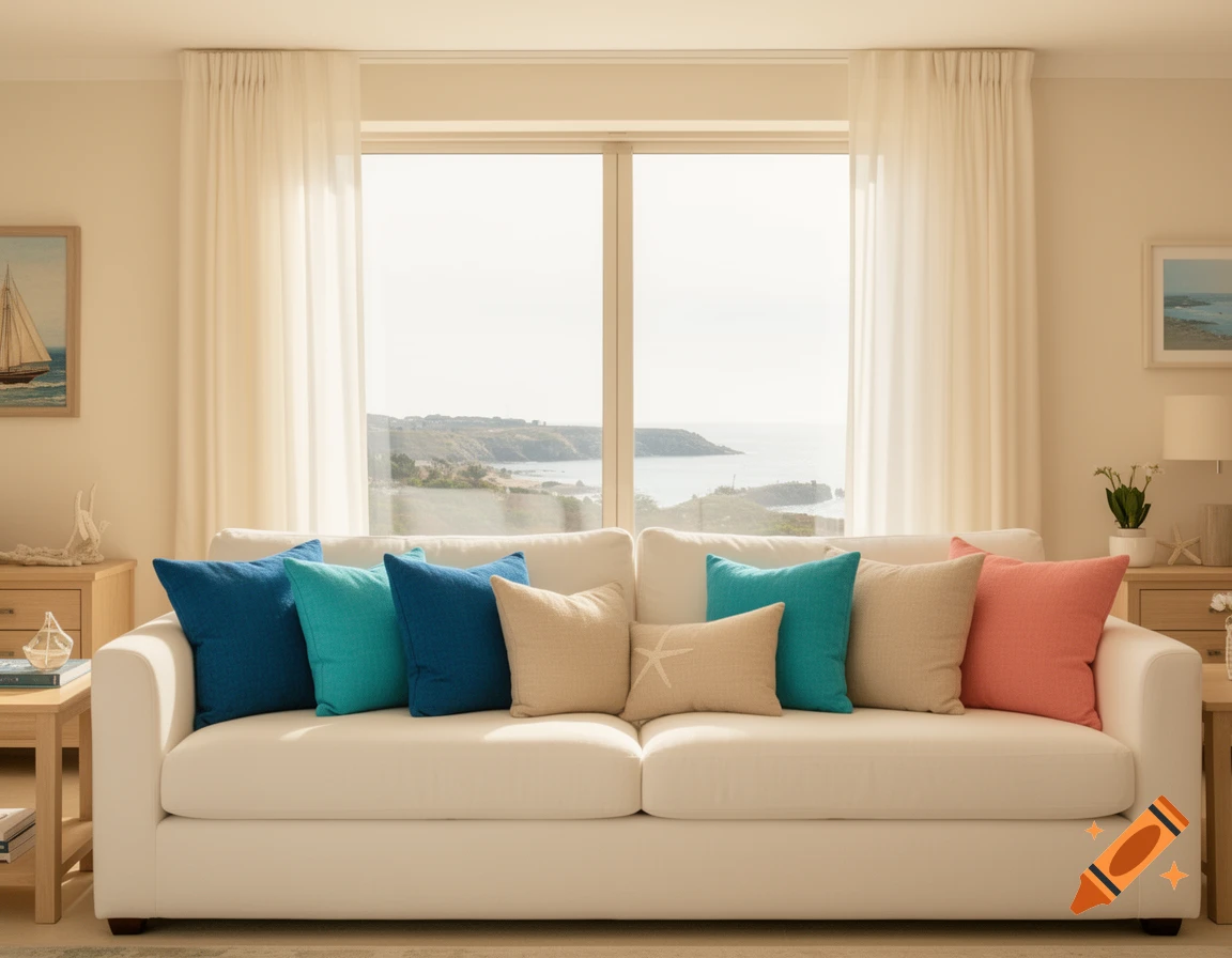 Photorealistic image of a bright living room with a white sofa, colorful cushions, and a large window overlooking a coastal landscape with the sea.
