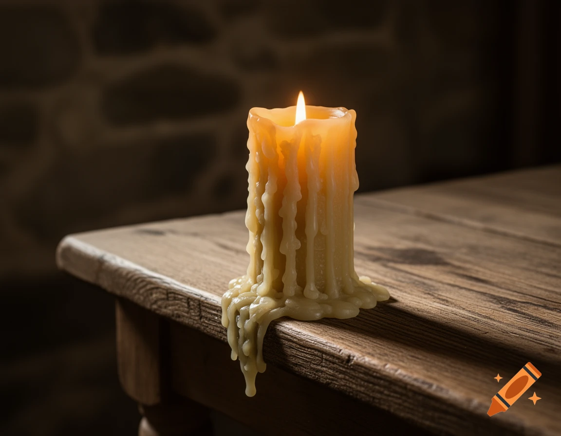 A lit, melting candle with wax dripping down its sides, casting a warm glow on a rustic wooden table in a dimly lit room.