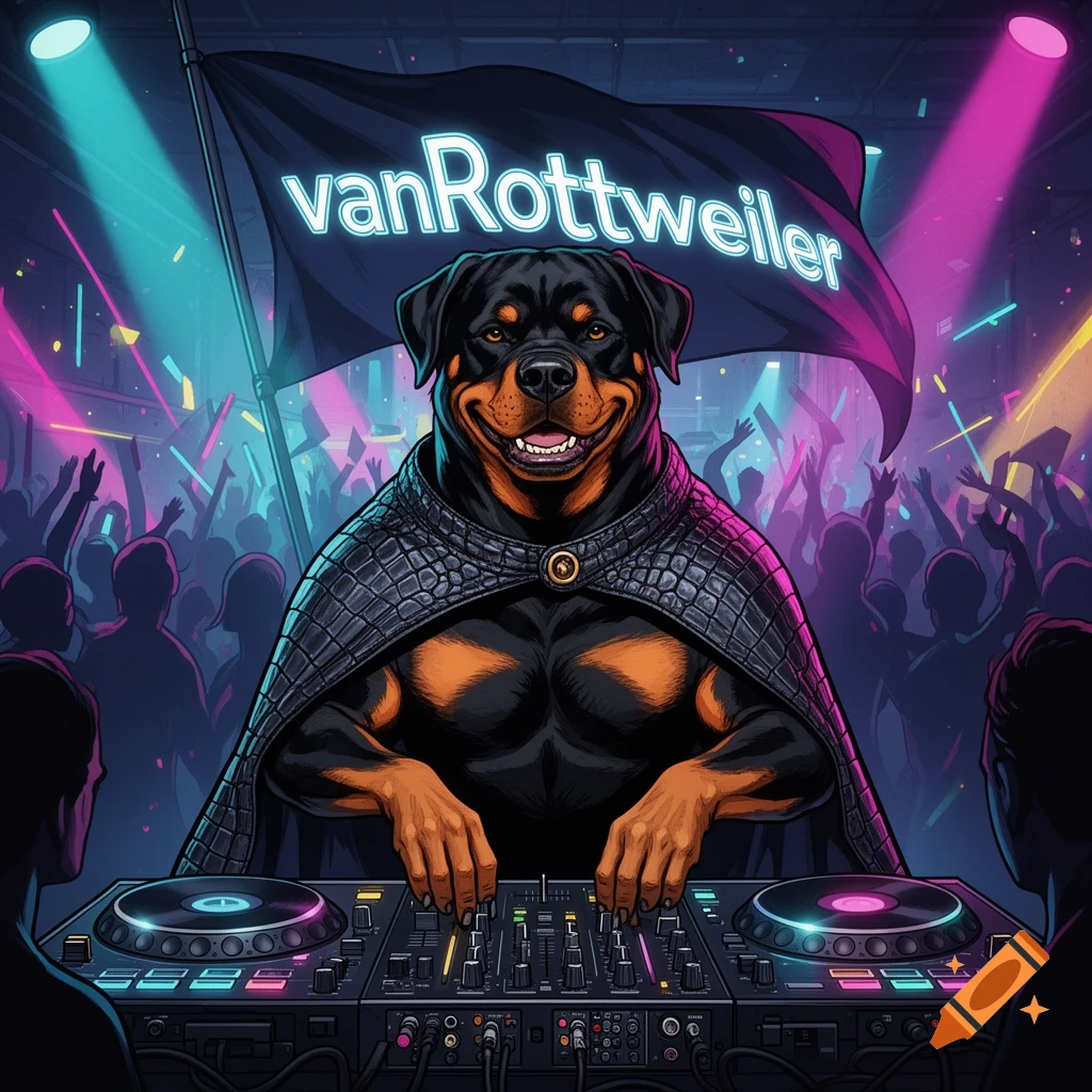 A smiling Rottweiler DJ in a cape performs in a vibrant club, with a 'vanRottweiler' flag in the background.