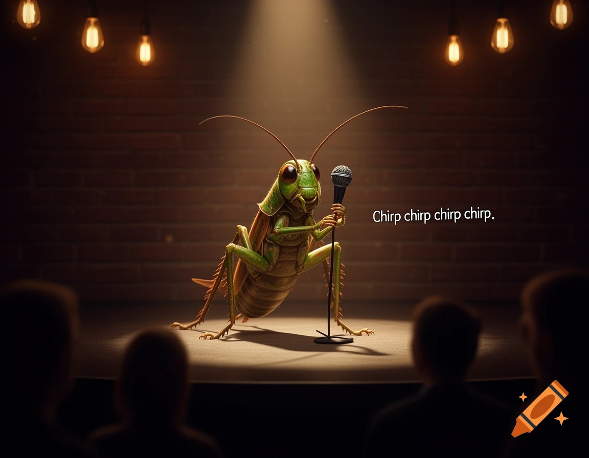 A photorealistic cricket holds a microphone on a dimly lit stand-up stage with a brick wall, text 'Chirp chirp chirp chirp' beside it.