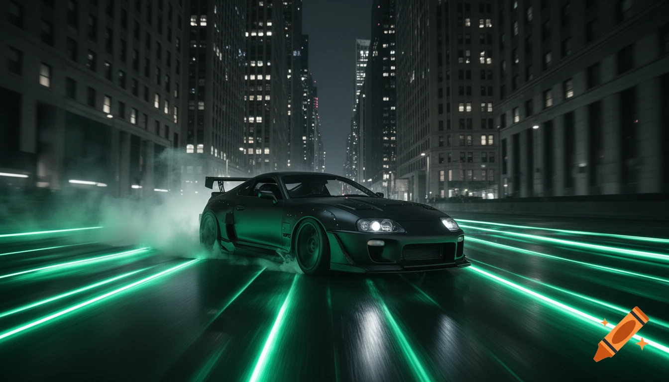 A stealth matte black Toyota Supra MK IV drifting with green neon underglow and tire smoke on a dark city street at night, flanked by skyscrapers.