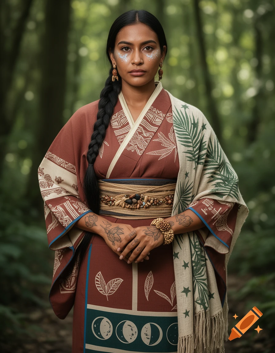 A woman with a long braided ponytail, glitter on her face, and tattoos on her hands wears an indigenous-inspired kimono in a forest.