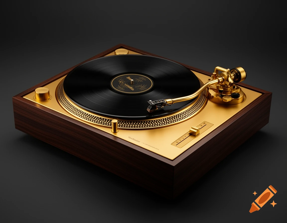 A luxurious gold Technics SL-1200 turntable with dark walnut wood trim, a black vinyl record, and a gold tonearm, against a dark background.