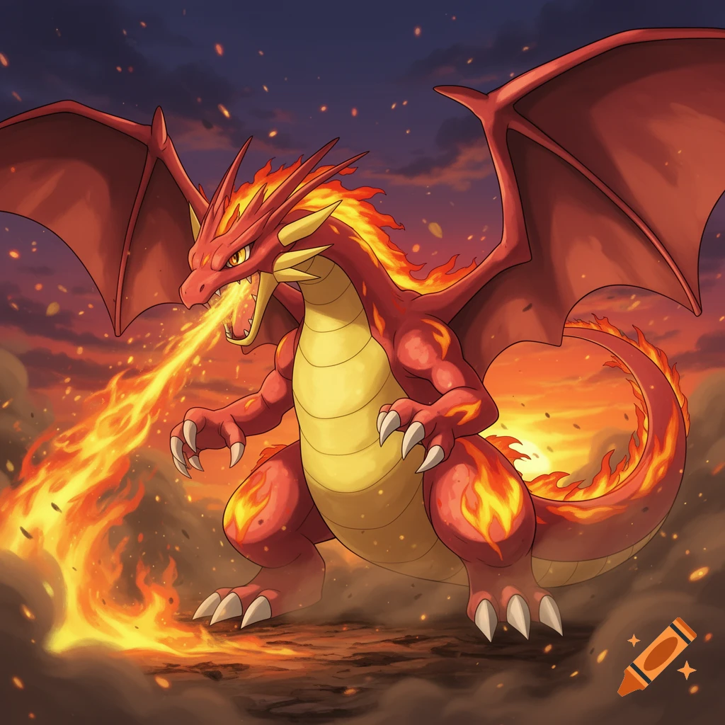 A red and yellow dragon with large wings and claws breathes fire in a dynamic, illustrative style against a fiery sky.