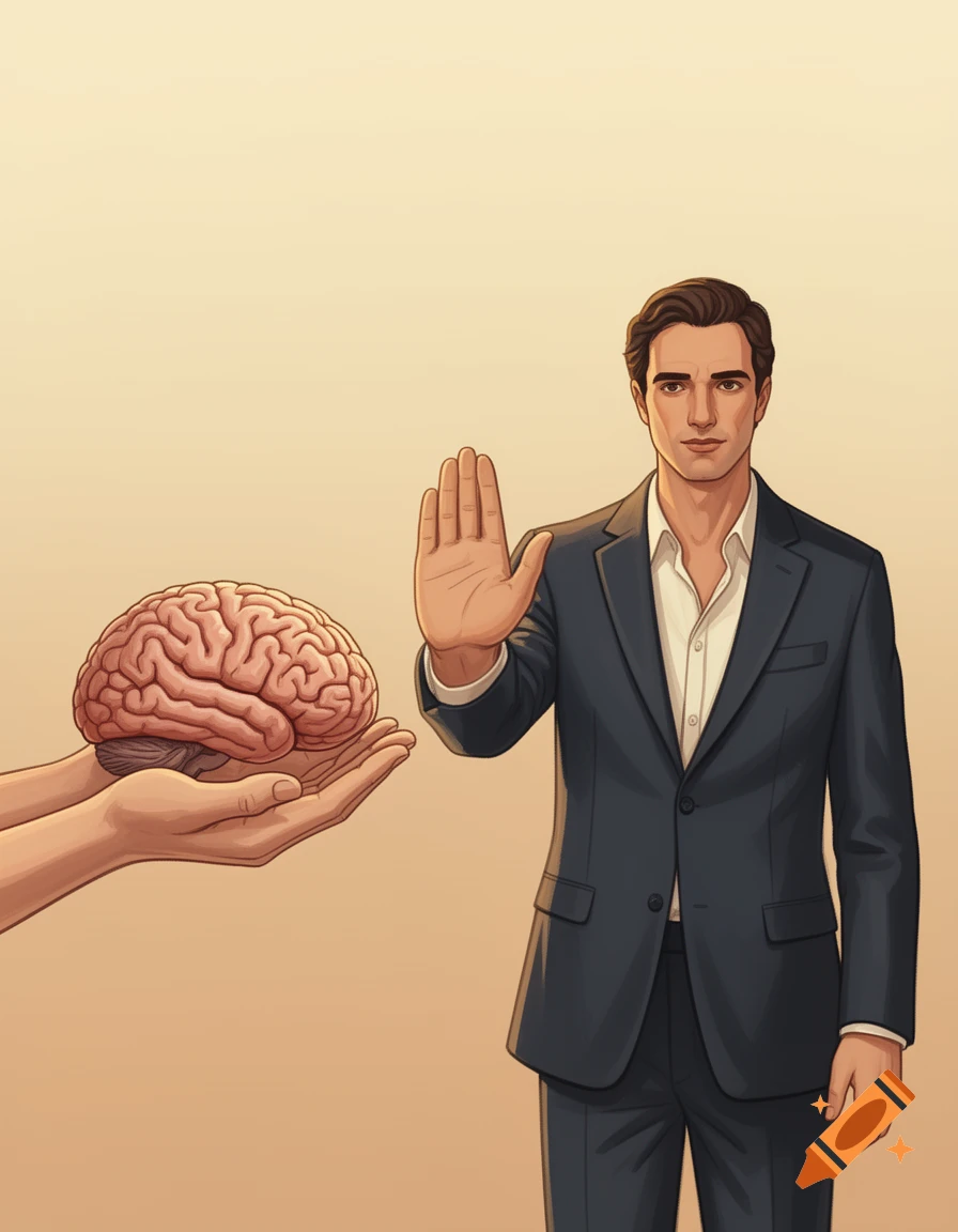 A man in a suit makes a stop gesture towards hands offering a brain, in a flat vector illustration style.