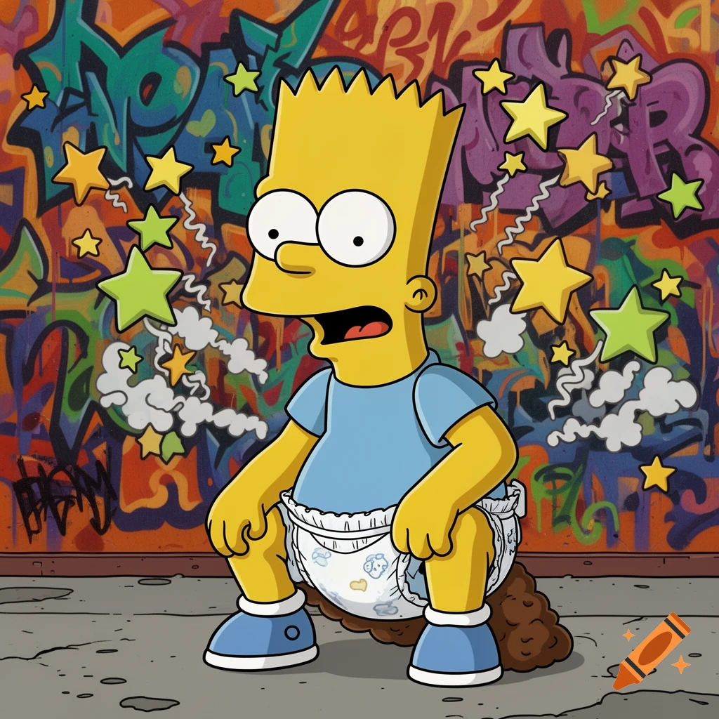Cartoon Bart Simpson squats in a soiled diaper, leaving a pile of poop on the ground in front of a colorful graffiti wall.