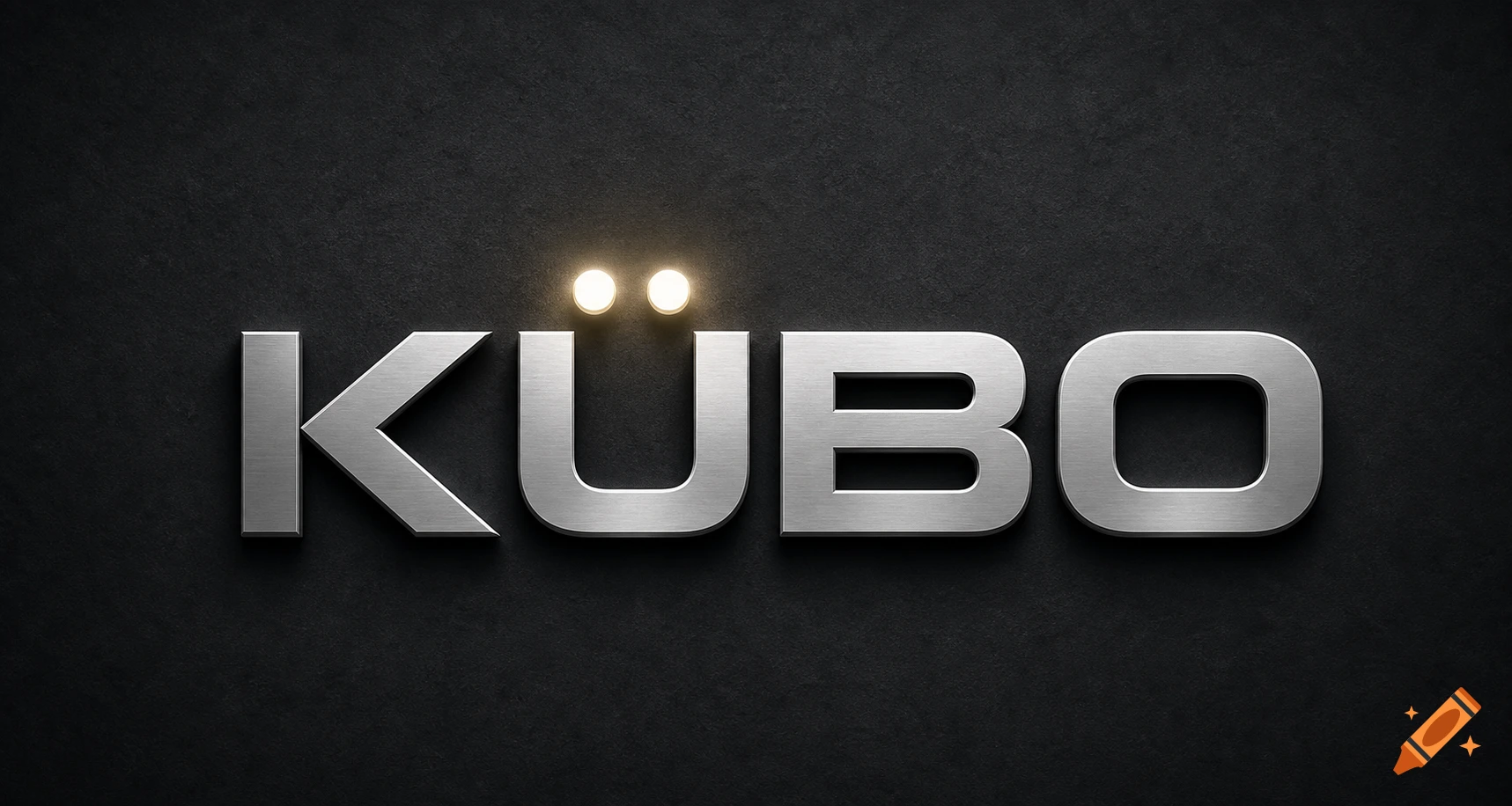 A metallic silver 3D logo of the word KÜBO on a dark textured background with two glowing lights above the "