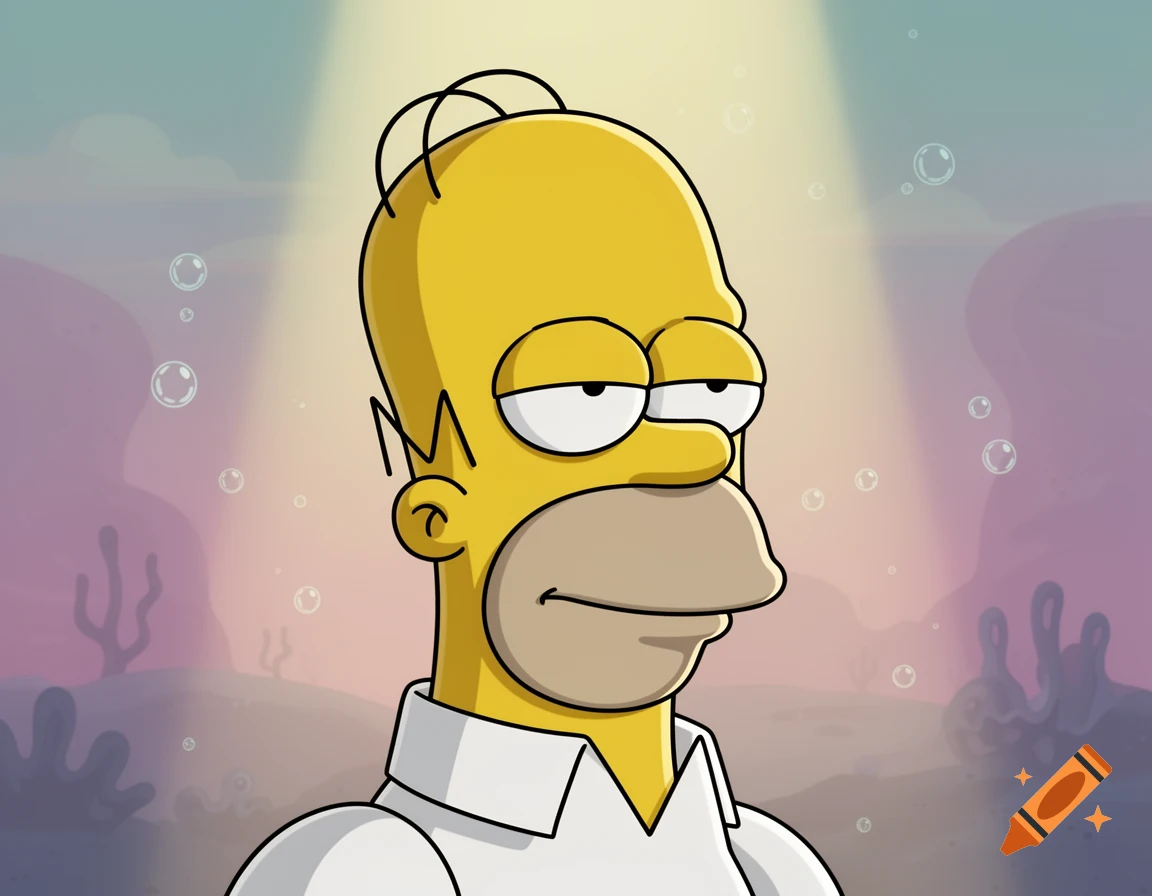 Homer Simpson from The Simpsons cartoon, depicted from the chest up with a thoughtful expression in an underwater scene.
