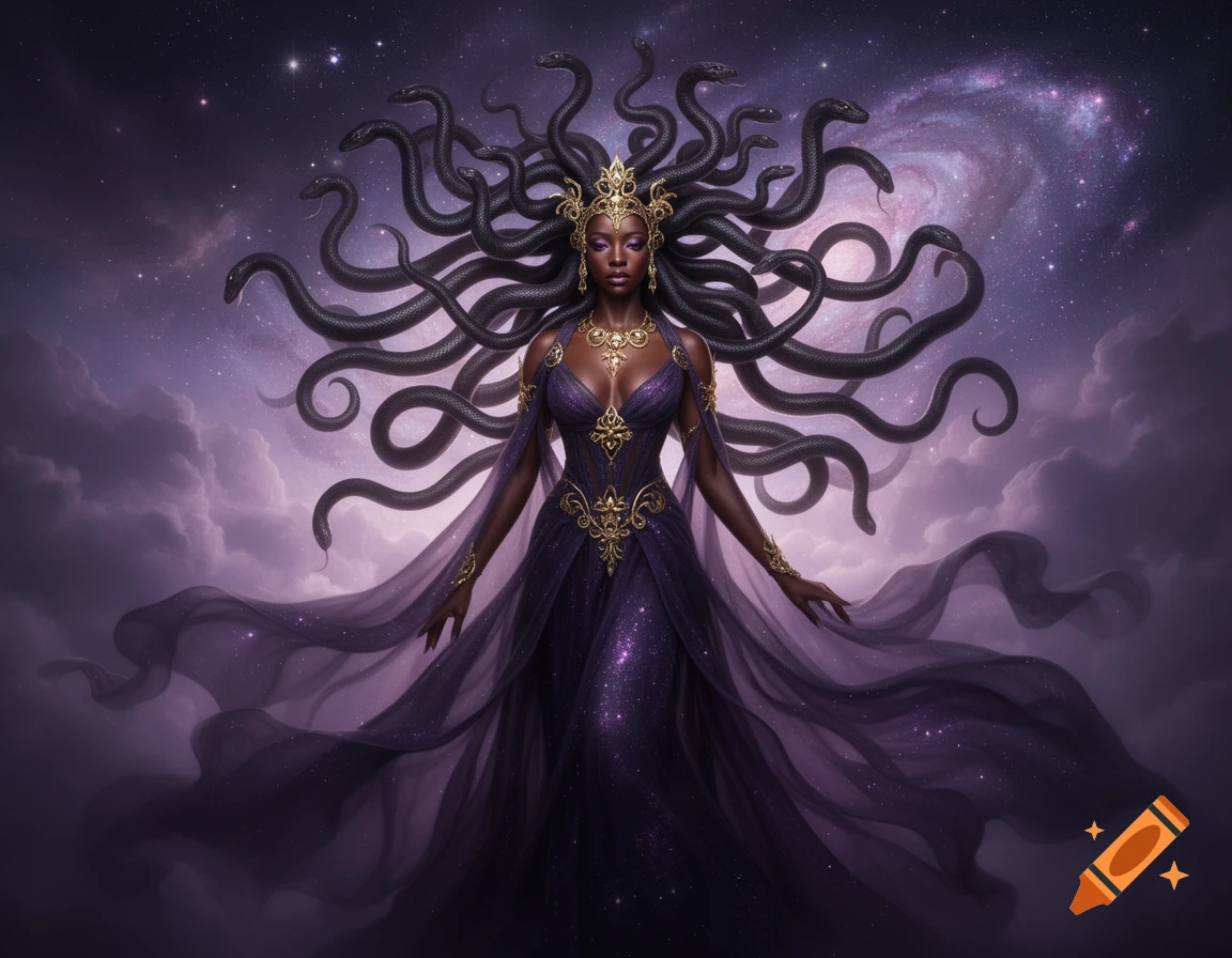 A mystical black woman with snakes for hair, wearing a sparkling purple and gold gown, stands against a cosmic galaxy background.