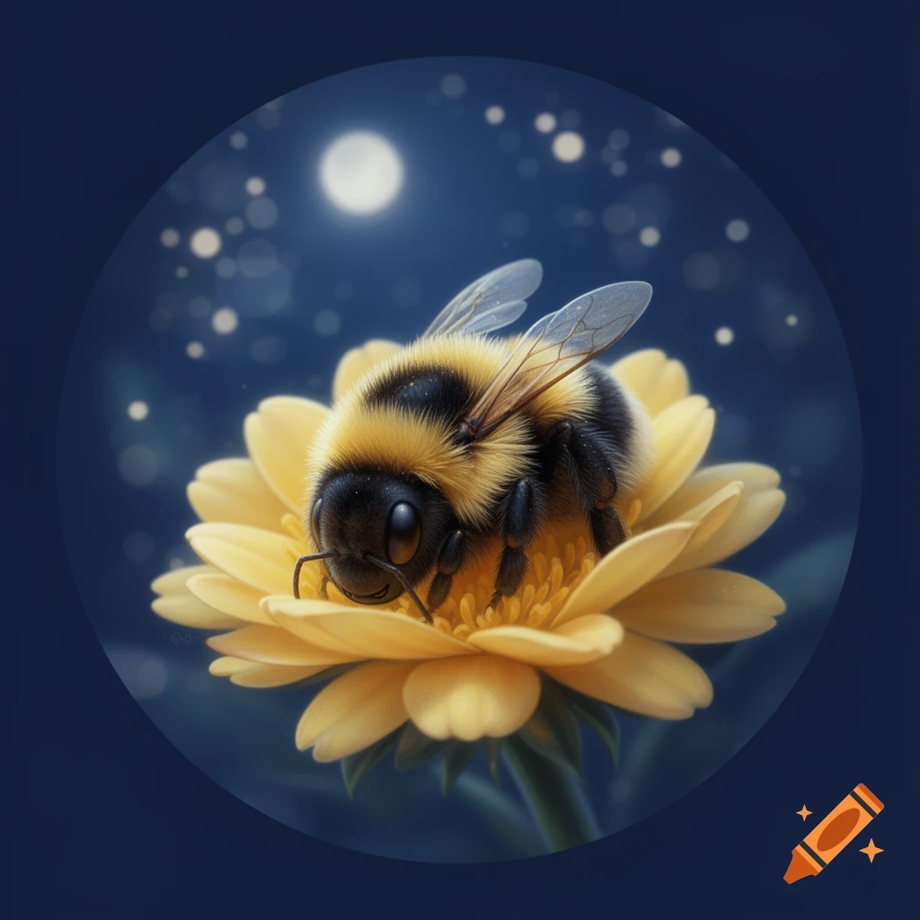 A cute, fluffy bumblebee sleeps on a yellow flower at night. A full moon and bokeh lights are in the dark background. Digital art in a round frame.
