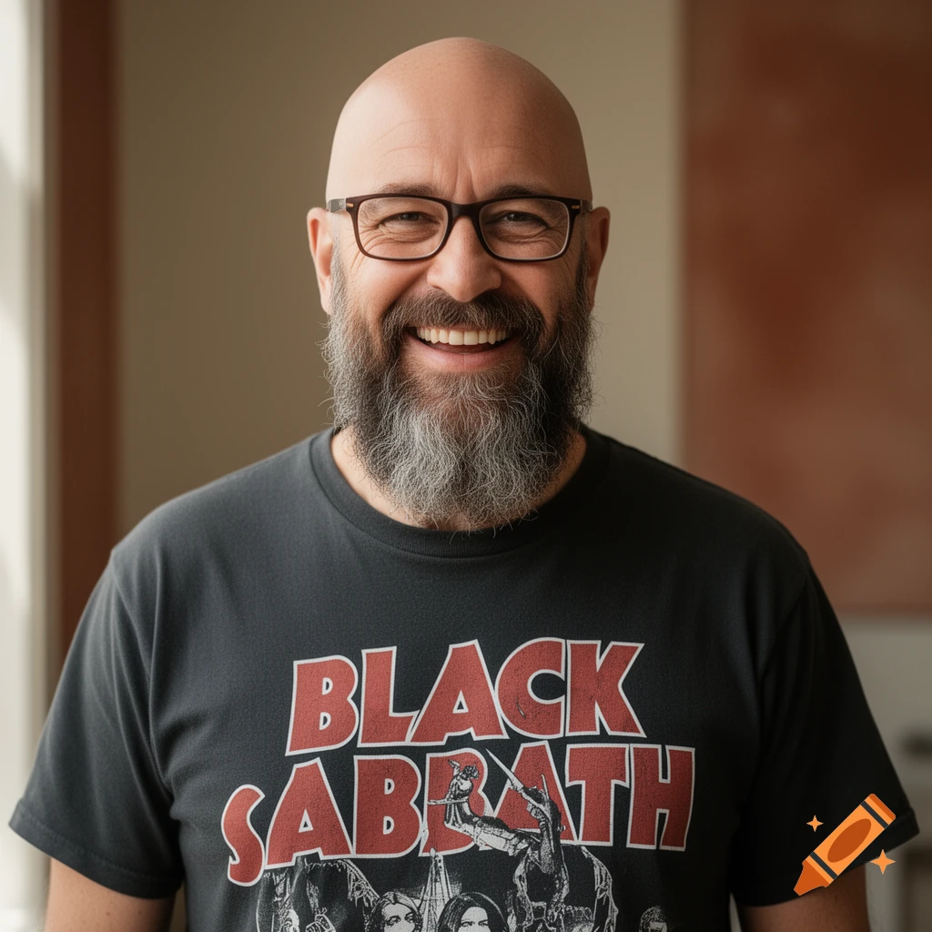 A smiling bald man with a gray beard and glasses wears a black Black Sabbath t-shirt.