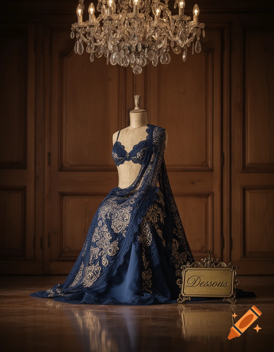A mannequin wears blue lace lingerie with gold embroidery in an elegant room with a chandelier and 'Dessous' plaque.