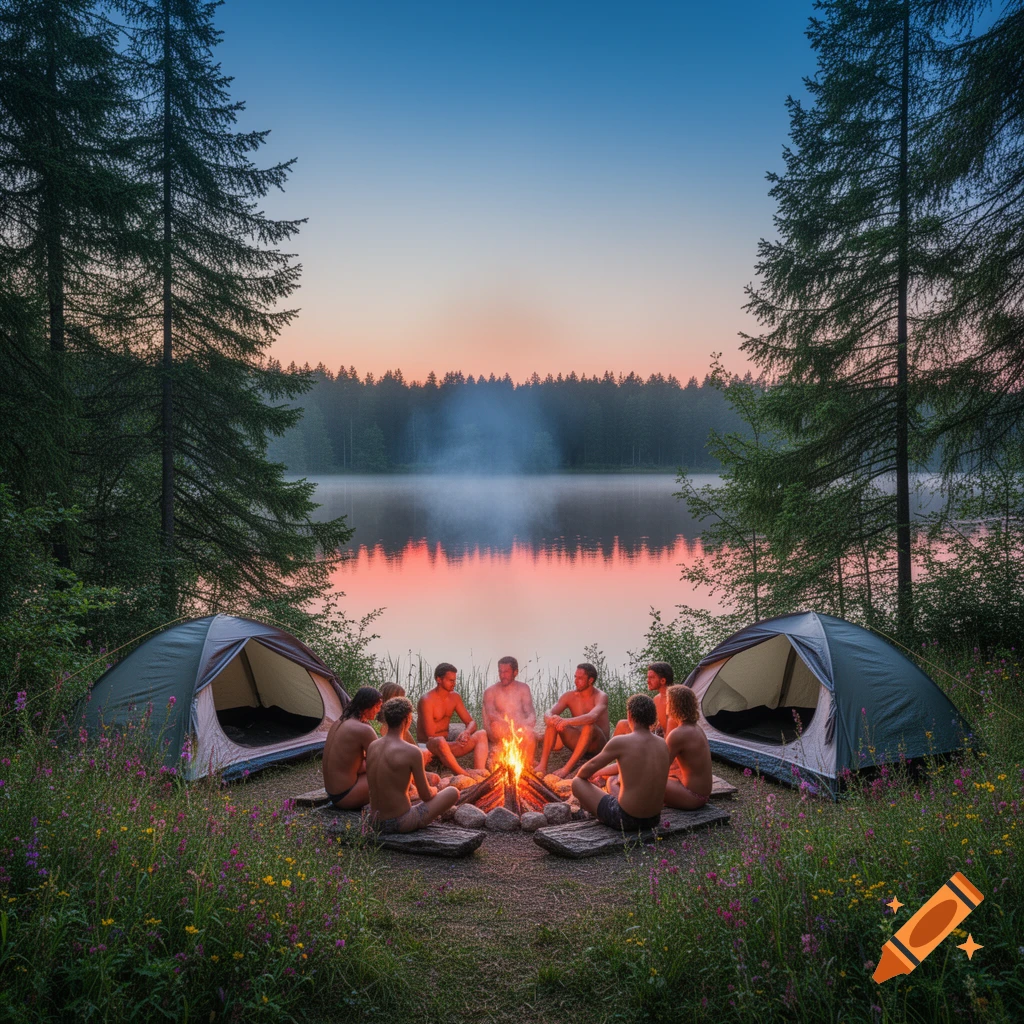 Eight nude people gathered around a campfire near a lake with tents, surrounded by a forest at sunrise.