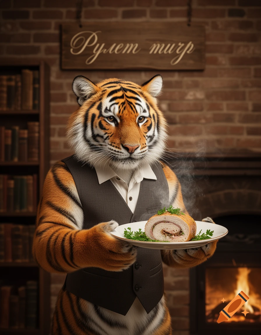 An anthropomorphic tiger in a vest holds a steaming roulade on a plate, with a fireplace and bookshelf in the background.