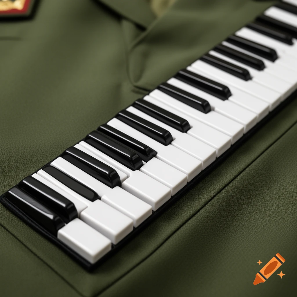 Close-up of black and white piano keys arranged like stripes on a green military uniform, photorealistic.